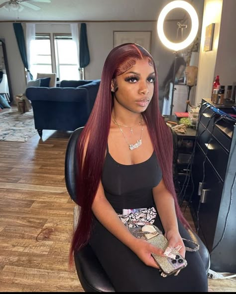 Burgundy Buss Down Middle Part, Burgundy Middle Part Wig, 40 Inch Bust Down Wig, Middle Part Wig Install, 99j Lace Front Wig, Red Sew In, Burgundy Wig, Frontal Wig Hairstyles, Lace Fronts