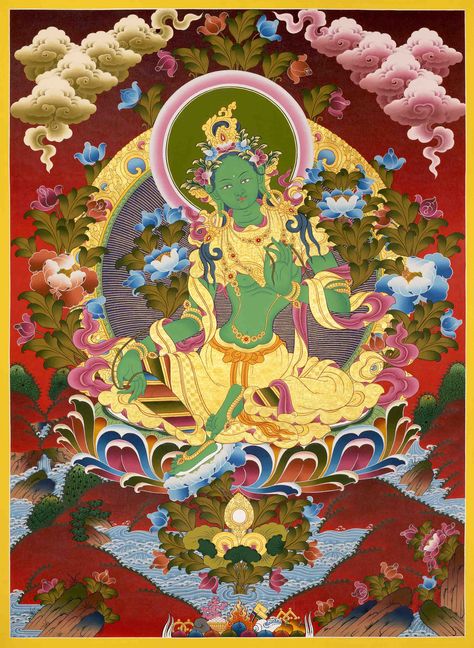 Green Tara Goddess Buddhist Painting, Goddess Of Compassion, Zen Buddhism, Thangka Painting, Tibetan Art, Green Tara, Gold Work, Buddhist Art, India Art