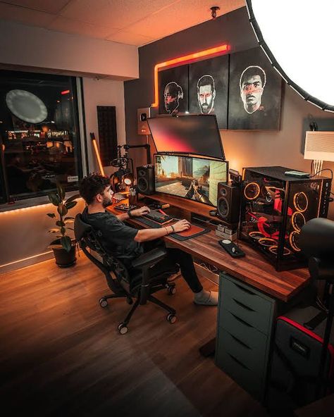 gaming room Home Music Studio Ideas, Samurai Hairstyle, Home Office Dark, Small Game Rooms, Gaming Desk Setup, Game Setup, Modern Home Offices, Computer Gaming Room, Home Studio Setup