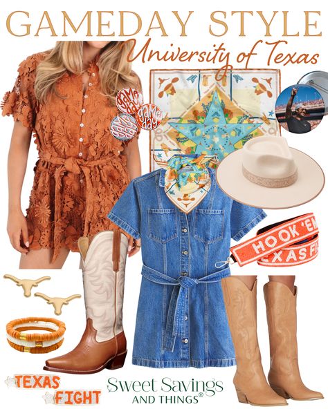 UT Austin Gameday fashion! Lets go Horns! Click to view! #hookem #atx #austin Ut Gameday Outfit Longhorns, Texas Longhorns Game Day Outfit, Ut Austin Game Day Outfit, Longhorn Gameday Outfit, Ut Gameday Outfit, Football Game Attire, Ut Game, Ut Football, Gameday Fashion