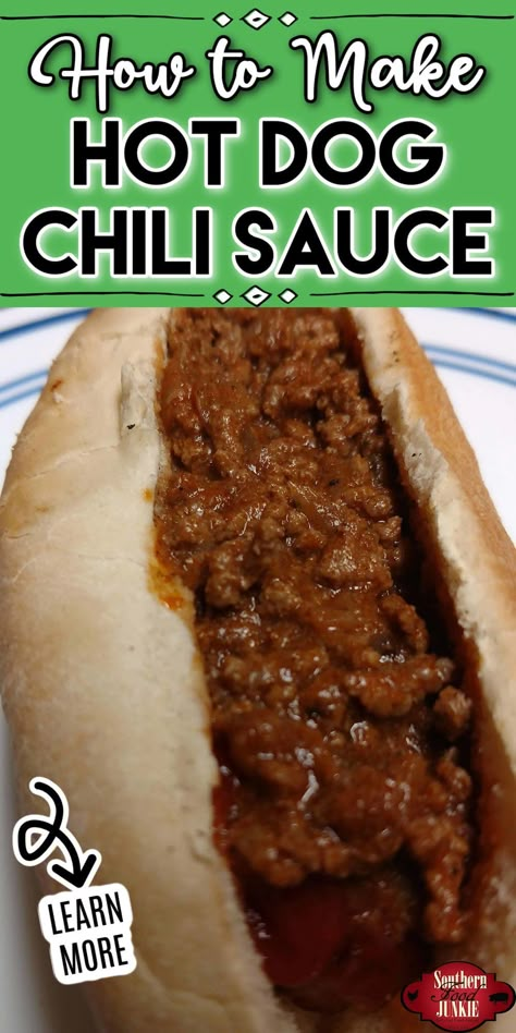 This recipe for hot dog chili from Southern Food Junkie is the best one you will find! The texture is spot-on for topping hot dogs or sausage dogs, and I like to call it a chili sauce because it's a bit thinner than your traditional chili. It's a breeze to whip up, and here's a pro tip: it tastes even better if you make it the day before, let it chill in the fridge overnight, and then reheat it when you're ready to dig in. Best Hot Dog Chili, Southern Hot Dog Chili, Easy Hot Dog Chili Recipe, Meat Tomato Sauce, Easy Hot Dog Chili, Hot Dog Chili Sauce Recipe, Hot Dog Chili Recipe, Homemade Hot Dog Chili, Hot Dog Sauce Recipe