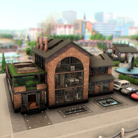 Converted Factory Home, Sims 4 Factory House, Industrial Loft Exterior, Sims 4 Factory, Sims 4 Warehouse, Gym Exterior Design, Sims 4 Industrial House, Sims 4 Gym Build, Gym Sims 4