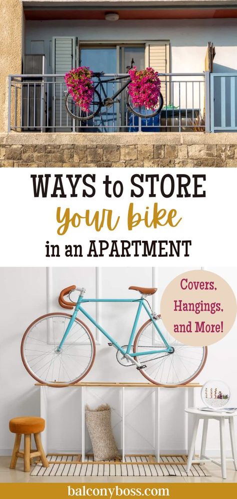 Learn ways to store your bike in an apartment! Apartment bike storage is vital for security but it’s tricky to organize in small spaces. After all, you want your bike to be safe without having to climb over it every time you need to move around your apartment. Click through for covers, hanging, and locking options for your small space. Small Apartment Bike Storage, Apartment Bike Storage, Balcony Hacks, Bike Storage Small Space, Apartment Outside, Balcony Diy, Bike Storage Apartment, Bike Storage Ideas, Small Space Hacks