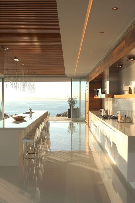 Natural Light Kitchen Ideas, Crystal Home Decor Interior Design, Light Airy Home, Modern Neutral Kitchen, Reflective Floor, Slat Ceiling, Home By The Sea, Sea View House, Ocean Horizon