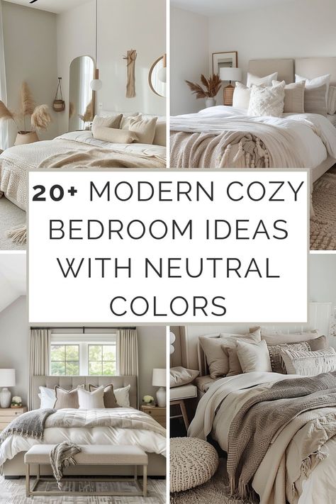 40  Modern Cozy Bedroom Ideas With Neutral Colors - HearthandPetals Neutral Color Bedroom, Cozy Bedroom Neutral, Modern Cozy Bedroom, Modern Queen Bed, Sustainable Living Room, Neutral Bedroom Design, Cozy Inspiration, Soothing Bedroom, Bedroom Neutral