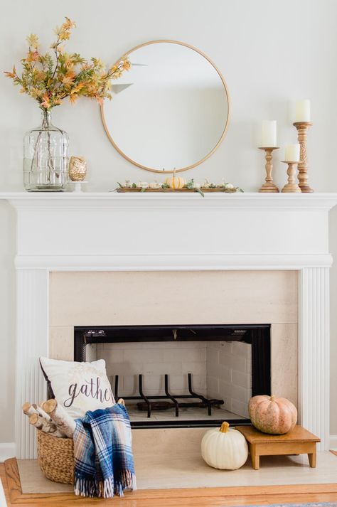 neutral and simple fall fireplace decor. #thehomeicreate #fallmantel #falldecor #falldecoration #falldecorideas #fireplaceupdate Jessalyn Grace, Design Camino, Fall Fireplace Decor, Remodel Farmhouse, Fall Mantle Decor, Fall Fireplace, Fireplace Mantle Decor, Fireplace Mantel Decor, Fall Mantel Decorations