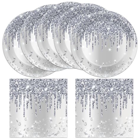 PRICES MAY VARY. Package includes: This silver themed tableware set contains 25 pcs 7inch glitter diamonds silver themed plates and 25 pcs 6.5inch diamonds silver themed napkins, ample quantity to satisfy party needs. Premium material: Our diamonds silver themed plates and napkins are made of quality paper, no smell and well-printed, glitter diamonds plates are sturdy while silver napkins are soft and absorbent. Delicate design: These glitter diamonds silver themed plates and napkins have adopte Iced Out Party Theme, Black And Silver Decorations Party Ideas, White Diamond Wedding Theme, Silver And White 21st Birthday, Diamonds Birthday Party Theme, Sparkle Party Decorations, White Diamond Party Decorations, Silver Glitter Party Decor, 25th Wedding Anniversary Party Ideas Decorations Silver