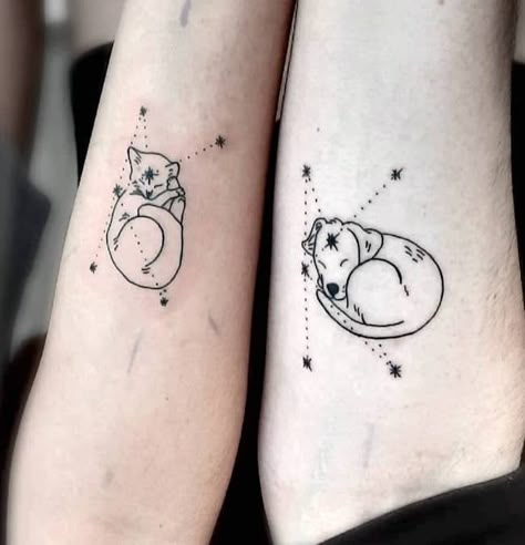 Best Friend Tattoos Cat And Dog, Cat Dog Matching Tattoo, Matching Cat And Dog Tattoos, Pisces Cat Tattoo, Cat And Dog Matching Tattoo, Cat Best Friend Tattoo, Dog Cute Tattoo, Unique Pet Tattoos, Pet Inspired Tattoos