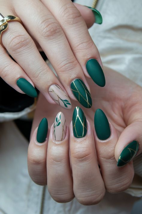 Embrace the essence of autumn with these chic forest green fall nail ideas that effortlessly capture the season's spirit. The deep, earthy tones paired with subtle gold accents create a sophisticated look, perfect for cozy gatherings and crisp days. These nails will have everyone asking for your secret! Get ready to showcase your style as you step into fall full of confidence. Forest Green And Gold Nails, Forest Green Nail Ideas, Green Accent Nails, Autumn Nails Green, Ireland Nails, Woodland Nails, Green Autumn Nails, Forest Nails, Forest Green Nails