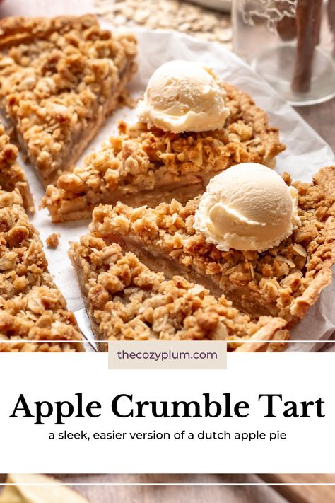 This apple crumble tart is made with a tender sweet tart crust, filled with spiced apples, and topped with a buttery brown sugar oat crumble topping. Using mostly pantry staples, this apple tart is the sleek, easier version of a dutch apple pie and is the perfect fall dessert for Thanksgiving. Apple Crumb Tart, Oat Crumble Recipe, Biscoff Apple Crumble, Apple Crumble Tart Recipe, Apple Pie Decoration Crusts, Autumn Tarts, Fall Tart, Apple Pie Tart, Apple Crumble Tart