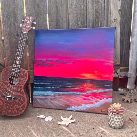 Painting Of A Sunset, Rainbow Sunset Painting, Blended Paintings, Disney Acrylic Painting Easy, Ocean Sunset Paintings Acrylics, Cute Stuff To Paint, Water Canvas Painting, Beachy Paintings Easy, Best Friends Painting