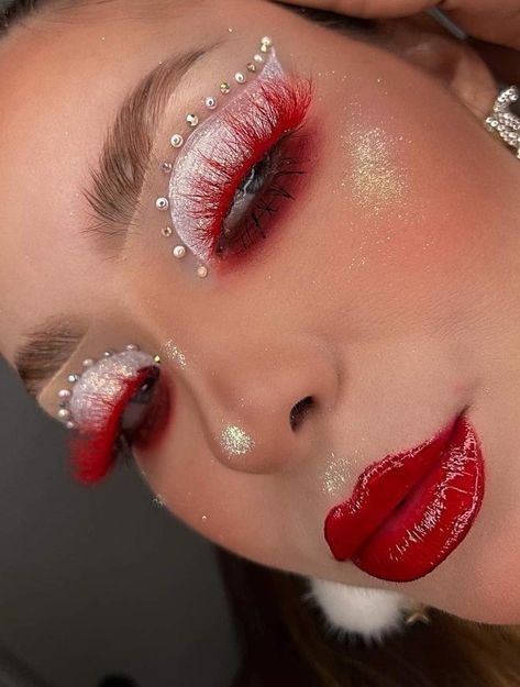 White And Red Makeup Look, Red Black White Makeup, Christmas Drag Makeup, Red Mermaid Makeup, Red And White Eyeshadow, Red And White Makeup Looks, Gold Highlighter Makeup, Guardian Aesthetic, Makeup With Pearls