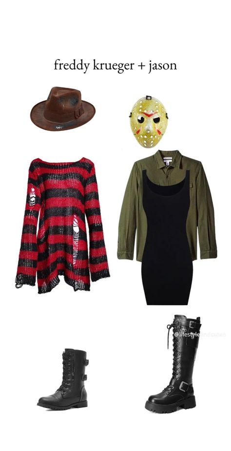 Jason Woman Costume, Freddie And Jason Couple Costume, Halloween Costumes Women Freddy Kruger, Womens Jason Costume, Freddy Kruger Woman Costume, Jason Costume Women, Jason Halloween Costume Women, Jason Halloween Costume, Costume Halloween Duo