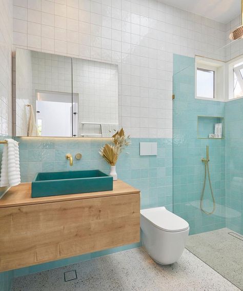 Turquoise Bathroom, Turquoise Tile, Small Bathroom Renovations, Sliding Wall, Beaumont Tiles, Downstairs Toilet, Bathroom Reno, Boho House, Upstairs Bathrooms