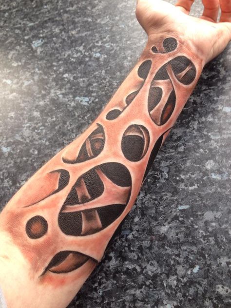 Holes and stretched skin arm body art by John Jones Skin Cheese Tattoo Filler, Skin Cheese Tattoo Drawings, Stretched Skin Drawing, Skin Ripping Tattoo, Skin Tear Tattoo Design, Filler Sleeve Tattoo Ideas, Skin Cheese Tattoo, Skin Tear Tattoo, Biomechanical Tattoo Design