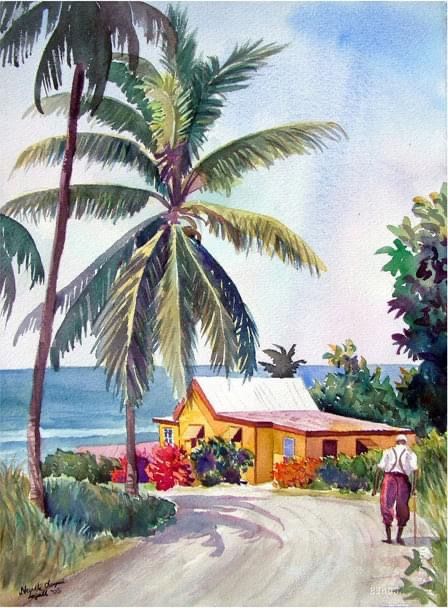 Caribbean Drawing, Carribean Art Paintings, Mauritius Painting, Barbados Art, Caribbean Art West Indies, Caribbean Watercolor, Barbados Painting, Beach Illustration, Caribbean Art