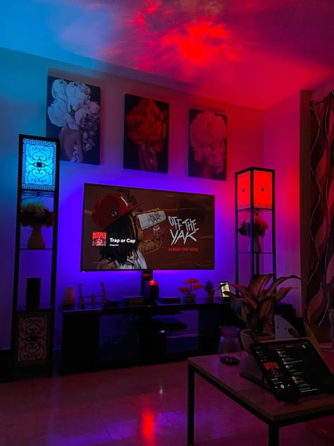 Modern Apartment Decor Aesthetic, Vibey Interior Design, Aesthetic Room With Mirror, Blacklight Living Room, Home Decor With Blue Walls, Lit Bedroom Ideas, Living Room Asthetics Luxury, Men’s Gaming Room Ideas, Spooky Indoor Decor