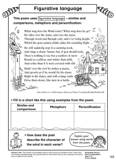 Figurative language Dorothy Wordsworth, Figurative Language Poems, Personification Poems, Simile Worksheet, Poetry Worksheets, Figurative Language Activity, Figurative Language Worksheet, Teaching Figurative Language, Similes And Metaphors