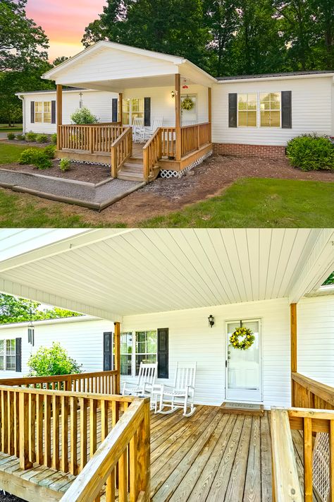 White Mobile Home Exterior, Mobile Home Exterior Ideas, Mobile Home Patio Ideas, Home Exterior Colors Combinations, Mobile Home Patio, Manufactured Home Exterior, Exterior Entryway Ideas, Mobile Home Landscaping, Manufactured Home Porch