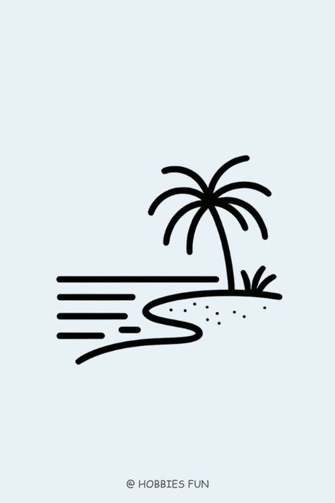 Sea Doodles Waves, Palm Tree Doodle Simple, Tropical Line Drawing, Beach Illustration Drawing, Drawings For Bookmarks, Beach Line Drawing, Line Art Drawings Easy, Drawing Ideas Ocean, Cute Aesthetic Drawing Ideas