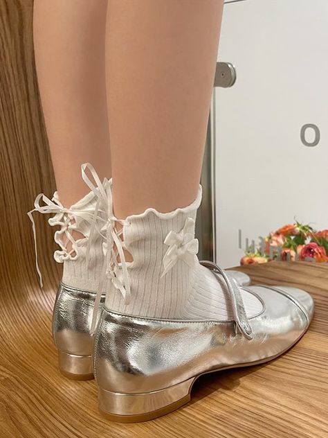 This price is for a pair of socks only, others are not included. Socks Details:Bowknot Details / Self-tie Straps Edgy Fits, Shoe Inspo, Aesthetic Shoes, Cute Socks, Jolie Photo, Silver Shoes, Spring Style, Pretty Shoes, Sock Shoes