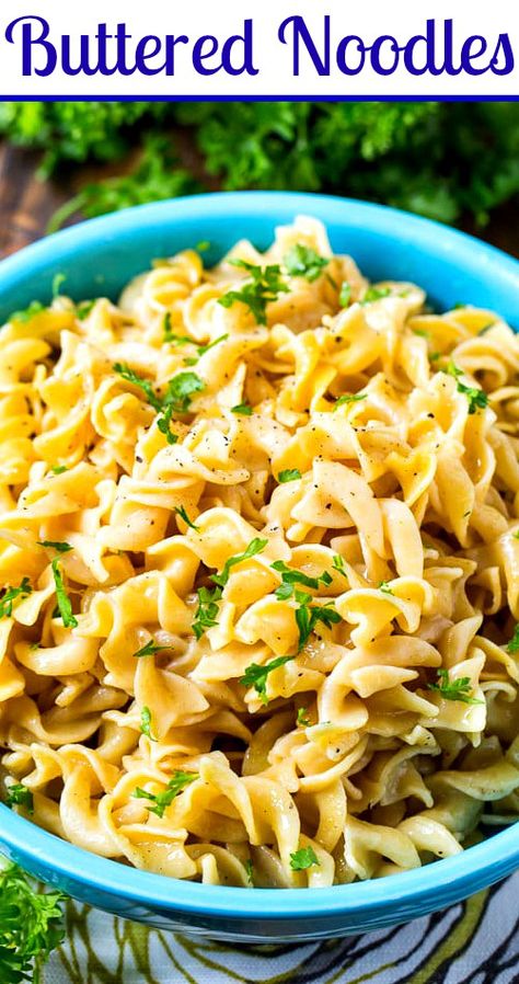 Buttered Noodles soak up lots of delicious salty flavor from cooking in chicken broth and chicken bouillon. Egg Noodle Side Dish, Buttered Noodles Recipe, Egg Noodle Recipes, Chicken Bouillon, Pasta Sides, Buttered Noodles, Southern Kitchens, Steak Fajitas, Goulash