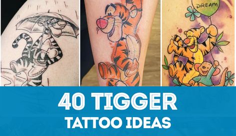 Huge list of ideas for Tigger tattoo designs. Get inspired! This famous animal has become a popular tattoo theme for Disney fans. Tigger Tattoo Women, Tigger Tattoo Ideas, Disney Tigger Tattoo, Tigger Winnie The Pooh Tattoo, Tigger Tattoo Design, Tigger Drawings, Tigger Tattoo, Rapunzel Tattoo, Winnie The Pooh Tattoos