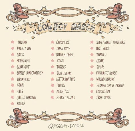 1 Month Drawing Challenge, Spring Drawing Prompts, March Drawing Challenge, Cottagecore Prompts, Cowboy Prompts, Character Prompts Drawing, Drawing Prompts List, March Art Challenge, March Prompts