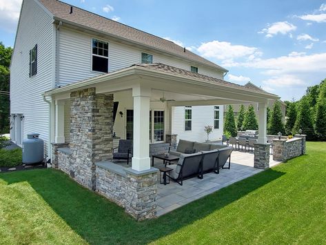 Stone Porch / Techo Bloc Patio - Lititz, PA | Sq Ft | Keystone Custom Decks Stone Porch, Ideas Backyard Patio, Stone Porches, Backyard Covered Patios, Covered Patio Design, Patio Remodel, Living Pool, Patio Plans, Outdoor Covered Patio