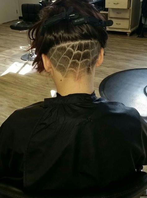 Spiderweb hair tattoo by Nichole Spiderweb Undercut, Spiderweb Hair, Alt Hairstyles, Undercut Nape, Ideas De Pelo, Bday Hair, Androgynous Hair, Hair Tattoo, Hair Things