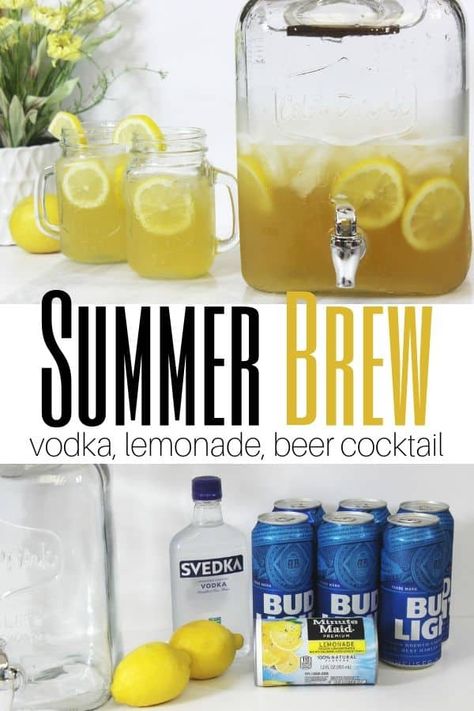 Summer brew is a vodka, lemonade, and beer cocktail that is perfect for summer. Summer beer is great for serving a crowd, and delicious. #summerbrew #summerbeer #cocktail #beer #vodka #lemonade #summerdrink #drink #punch #alcohol #easy #limeade #pinklemonade Beer Lemonade Drink, Beer And Vodka Drink, Beer Lemonade Vodka, Summer Brew Recipe, Punch Alcohol, Beer Punch, Summer Brew, Cocktail Vodka, Easy Alcoholic Drinks