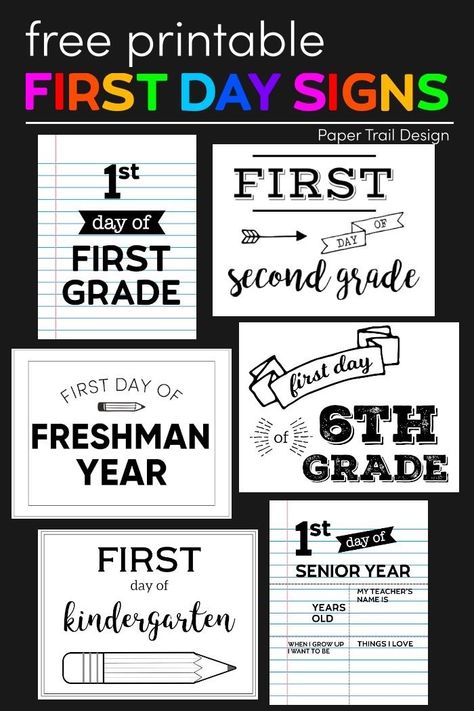 Print one of our first day of school signs for a photo prop for your back to school pictures. Cute black and white signs help save on ink. #papertraildesign #firstdayofhighschool #firstdayofcollege #pictures #milestones First Day Of School Pics, First Day Of Highschool, First Day Of 7th Grade, First Day School Sign, First Day Of School Signs, First Day Of School Pictures, Paper Trail Design, First Day Of College, Back To School Pictures