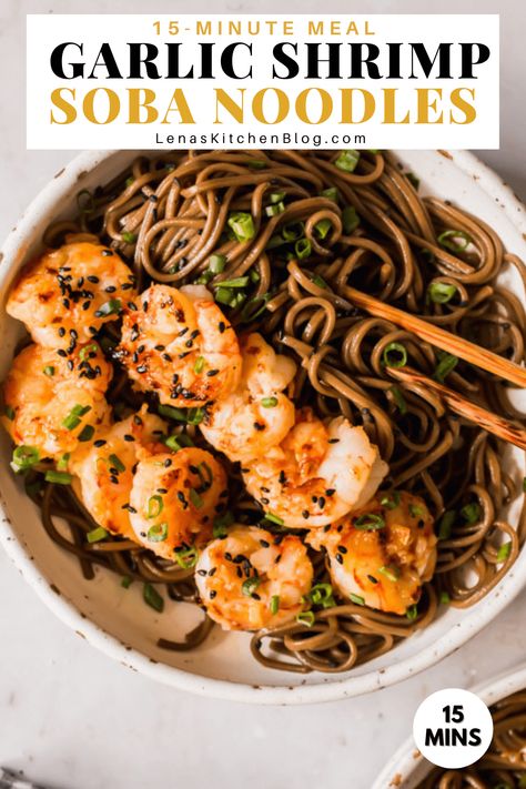 This easy and versatile 15-Minute Garlic Shrimp Soba Noodles recipe is even better than takeout. Gluten free soba noodles are tossed in a savory sesame sauce before being topped with tender garlic shrimp to create a fresh meal that’s perfect for healthy lunches or quick dinners! Sesame Noodles With Shrimp, Prawn Soba Noodles, Shrimp Soba Noodles, Shrimp And Soba Noodles, Gluten Free Soba Noodle Recipe, Soba Meal Prep, New Years Soba Noodles, Garlic Soba Noodles, Shrimps With Noodles