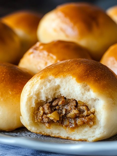 Nebraska-style Runzas Runza Recipe With Rhodes Rolls, Runza Filling Recipe, Runza Recipe Nebraska, Rudabega Recipes, Runza Recipe, Shrimp Enchiladas, Rhodes Rolls, Campbells Recipes, Crab Stuffed Mushrooms