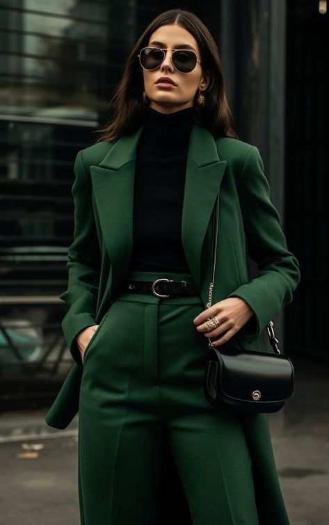 Green Monochromatic Outfit, Green Suit Women, Emerald Green Outfit, Green Outfits For Women, Green Dress Outfit, Hunter Green Dresses, Tweed Outfit, Monochromatic Outfit, Professional Outfits Women