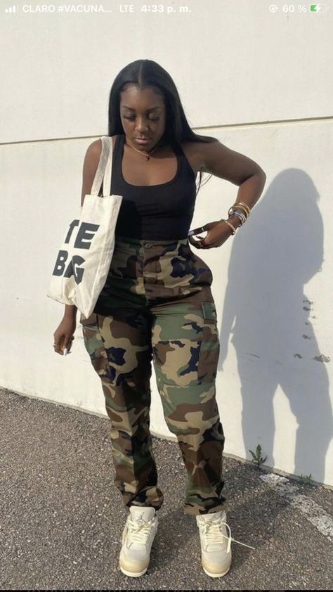 Camouflage Pants Outfits Black Women, Cami Cargo Pants Outfit, Cami Pants Outfits, Khaki Cargo Pants Outfit Black Women, Khaki Cargo Pants Outfit, Chilling Outfits, Cargo Pants Outfit Black, Green Shirt Outfits, Girls Cargo Pants