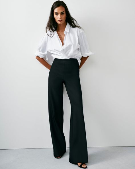 This smoothing pant comes in our premium ponte fabric with targeted compression built in, powered by SPANX CoreSure Tech™. With comfortable 4-way stretch and a high rise waist, this wide leg pant will have you feeling smooth from tummy to hip, and oh-so-comfortable throughout the wide leg. No zippers, no buttons, and no pockets (so no bulk!) at the hips—all for the ultimate smoothing effect. | Spanx Women's SPANXsmooth PerfectFit Ponte Wide Leg Pant Dress Pants With Bodysuit, Comfy Work Pants, Dress Pants For Women, Ponte Fabric, Wide Leg Dress Pants, Perfect Pant, Ponte Pants, Work Style, Jumpsuit Shorts Rompers