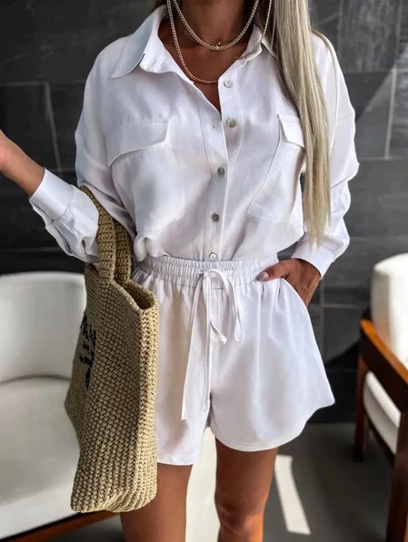 Business Casuals — GezimStyle Lace Short Outfits, Long Sleeve Shirt Outfits, Spring Suit, Button Outfit, Long Sleeve And Shorts, Solid Color Shirt, Fashion Color, Casual Sets, Lace Shirt