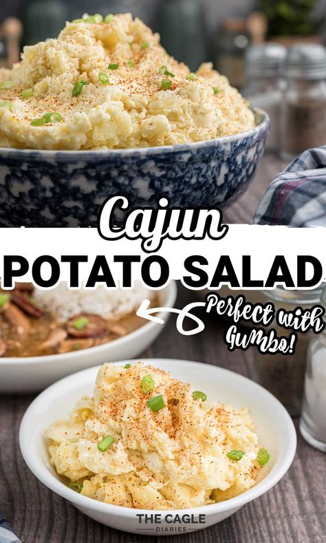 This old fashioned southern classic is super easy to fix side for almost every meal. A Cajun Potato Salad Recipe is designed to be eaten with a bowl of gumbo so it's made to be smooth and full of flavor - ready to melt into that bowl of gumbo or with those barbecue baked beans. Potato Salad Cajun, Potato Salad With Gumbo, Southern Potato Salad Recipe Deep South, Gumbo With Potato Salad, New Orleans Style Potato Salad, Gumbo And Potato Salad, Gumbo Potato Salad, Potato Salad For Gumbo, New Orleans Potato Salad