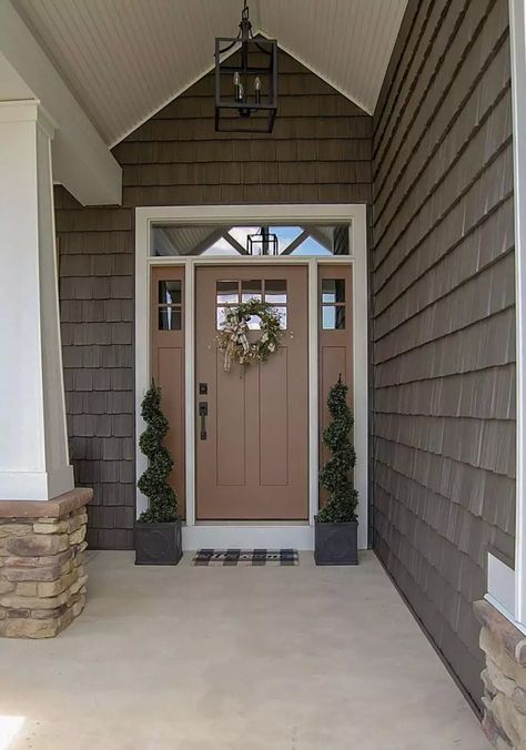 Brown Painted Door Exterior, Front Door And Sidelights Painted, Brown House With Colored Front Door, Front Door For Brown House, Painted Brown Front Door, Front Door Color With Brown House, Front Door With Sidelights Paint Ideas, Brown House Front Door Color Ideas, Front Door On Brown House