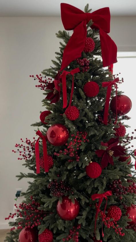 Christmas Tree Red Minimalist, Tree Colors Christmas, Bows And Berries Christmas Tree, Snowy Christmas Tree Decorations Red, Red Decoration Christmas Tree, Christmas Tree Decor Aesthetic, Red And Gold Ribbon Christmas Tree, Red Christmas Decor Aesthetic, Christmas Tree Red Berries