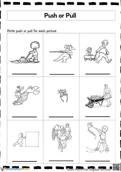 Learn and review push and pull forces with this funny worksheet perfect for kids. This worksheet will push your children to physics's interest. You also can play interactive at our website. Let's check it out! #pushandpull #pushorpull #science #worksheets #forces #push #pull #printables #kidsactivities #scienceactivities #pictures #crafts Push And Pull Experiments For Kids, Push And Pull Activities Kindergarten, Push And Pull Worksheets, Push And Pull Activities, Force Activities, Push And Pull, Force And Motion, Daycare Activities, Science Ideas