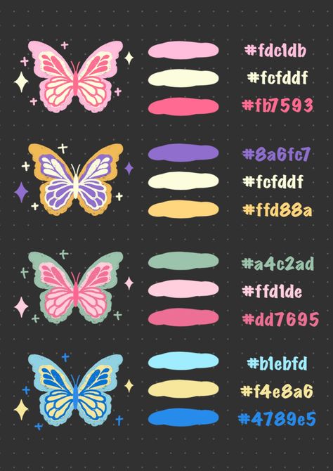 credits: 蝴媒笔记 4 Color Pallete, Color Palette Butterfly, Spring Hex Codes, Canva Color Palette Codes, Color Coding Notes, Keyword Elements Canva, Desain Quilling, Hex Color Palette, Color Palette Challenge