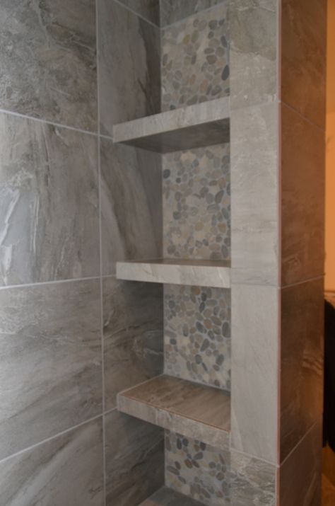 Walk In Shower With Shelves, Stone Shower Shelves, Hidden Shower Walk In, Shower Built In Shelves, Tiled Shelves, Shelves In Shower, Farm Bathroom Ideas, Tile Shower Shelf, Hidden Shower