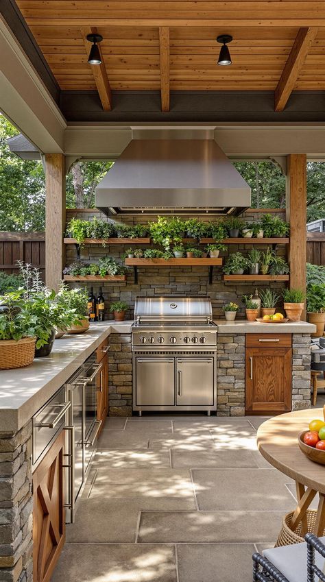 Outdoor Kitchen Ideas Mountain Outdoor Kitchen, Outdoor Kitchen Stone Wall, Outdoor Kitchen With Blackstone Griddle, Outdoor Kitchen Layout Ideas, L Shaped Outdoor Kitchen, Outdoor Kitchen Stone, Kitchen Stone Wall, Outside Kitchen Ideas, Front Porch Balcony