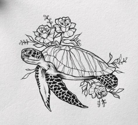 Sea Turtle Flower Tattoo, Turtle Flower Tattoo, Sea Turtle Tattoo, Tattoo Thigh, Animal Stencil, Turtle Tattoo, Wood Burning Patterns, Dream Tattoos, My Tattoos