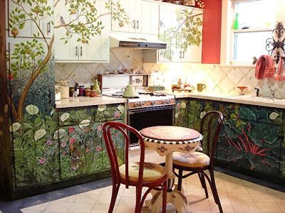 What you don't see in this garden themed kitchen?  Yellow formica, yellow vinyl flooring, and 1970's cabinets.  They're all still there, under a bit of paint and plaster...The Art of the Home Dreamy Interior, Interesting Homes, Whimsical Kitchen, Yellow Kitchen, Kitchen Wallpaper, Kitchen Themes, Kitchen Paint, Painting Kitchen Cabinets, Basement Ideas