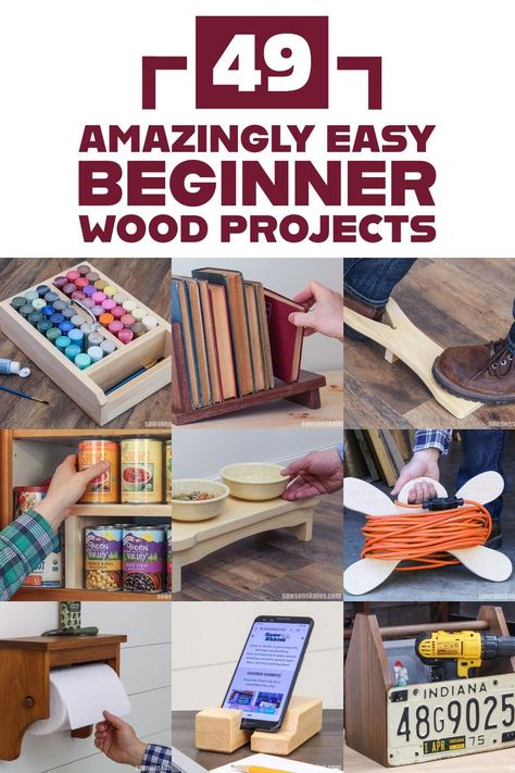 Nine woodworking projects in a grid Easy Wood Projects For Beginners, Woodwork Designs, Woodworking Projects For Beginners, Creative Woodworking, Wood Projects For Beginners, Project Steps, Woodworking Books, Woodworking Classes, Easy Wood Projects