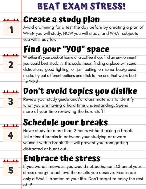 Beat exam stress with these study tips. To share with high school students, college students, or any student nearing finals or wanting to study for a test. Final Exam Study Tips High Schools, Exam Study Tips High Schools, College Exam Study Tips, Study Tips For Finals, Studying Tips For Exams, Study Skills For High School, How To Revise Effectively, Final Exam Study Tips, Study For A Test