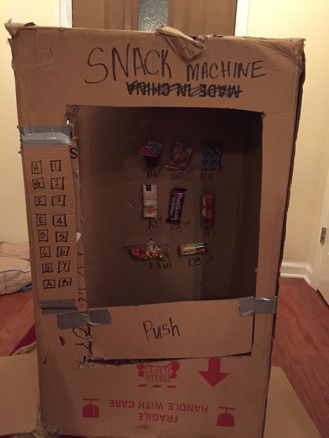 Make a snack vending machine out of a cardboard box for practicing money with the kiddos! Snack Vending Machine, Vending Machine Snacks, Vending Machine, Cardboard Box, Snacks, Education, Money, Canning, Quick Saves